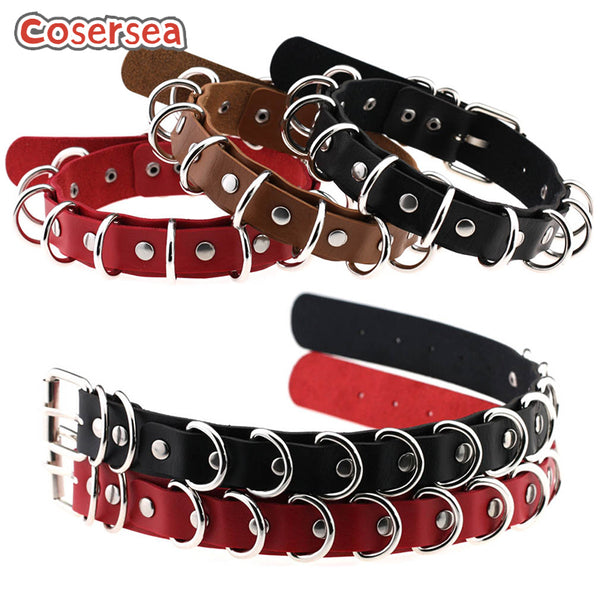 15 Colors Punk Style Exaggerated Double-layer PU Leather Metal Ring Necklace