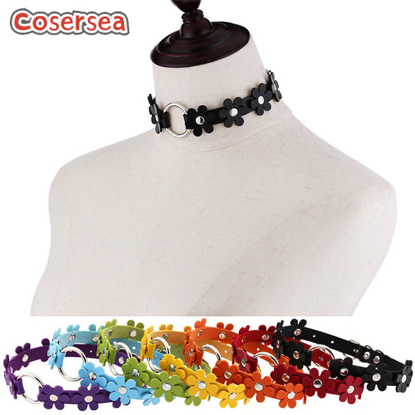 16 Colors Japanese Harajuku Trend Punk PU Leather Flower Ring Collar Choker