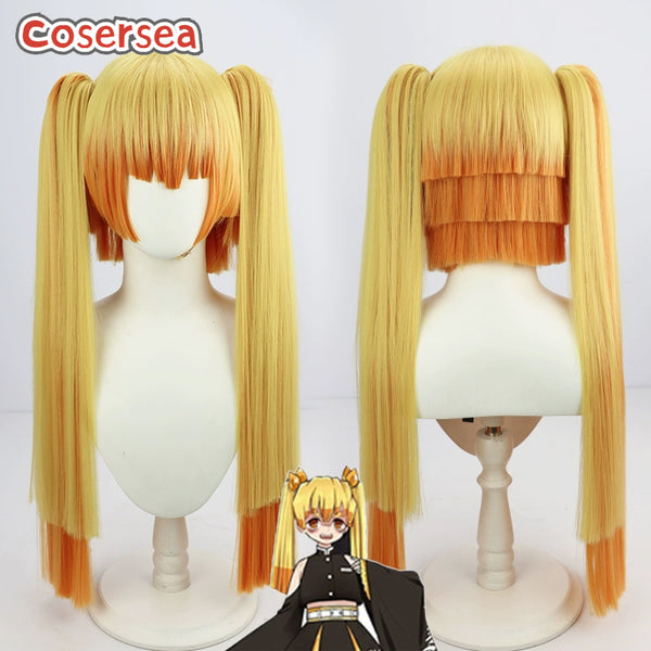 Demon Slaye Agatsuma Zenitsu 65cm Blonde Mixed Orange Ponytail Cosplay Wigs