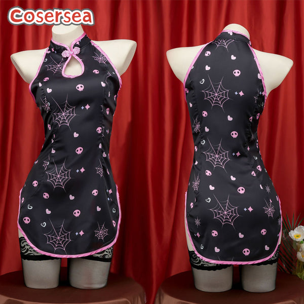 Sexy Black Cheongsam Halloween High Fork Printed Anchor Performance Dress